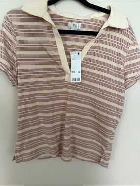 BDG Cream and Brown Striped Short Sleeve Polo Tee